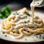 Spaghetti con crema di parmigiano, piatto gustoso e cremoso, servito in un elegante piatto bianco.